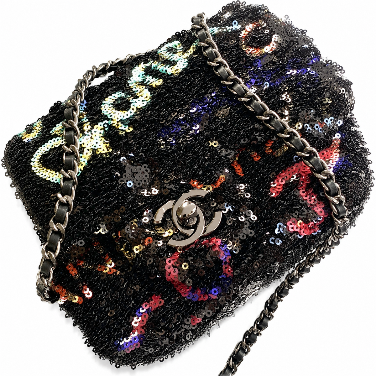 Chanel Graffiti Logo Sequin Classic Flap Bag with Gunmetal Chain