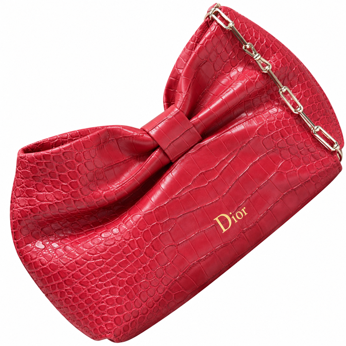 Dior Bow Bag in Rose Red Crocodile-Embossed Leather with Gold Dior Logo