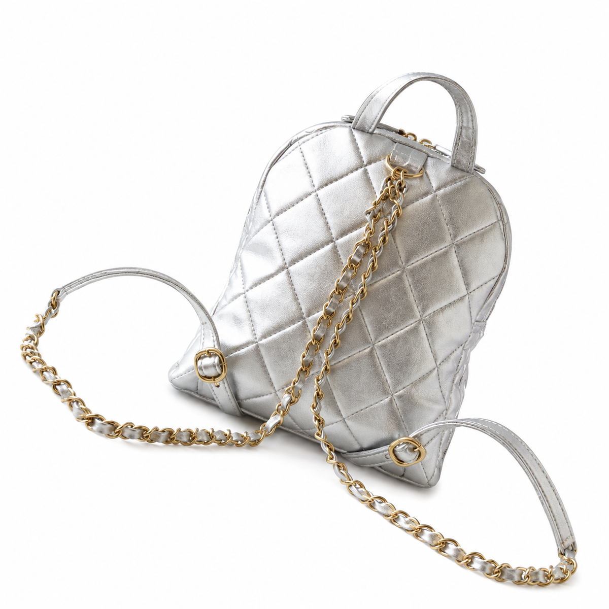 Chanel Quilted Mini Backpack in Silver Metallic Lambskin with Gold Chain