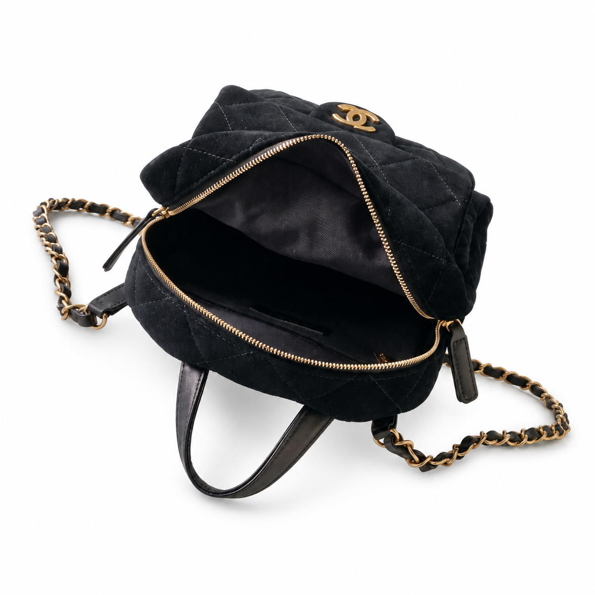 Chanel Quilted Mini Backpack in Black Suede with Antique Gold Chain