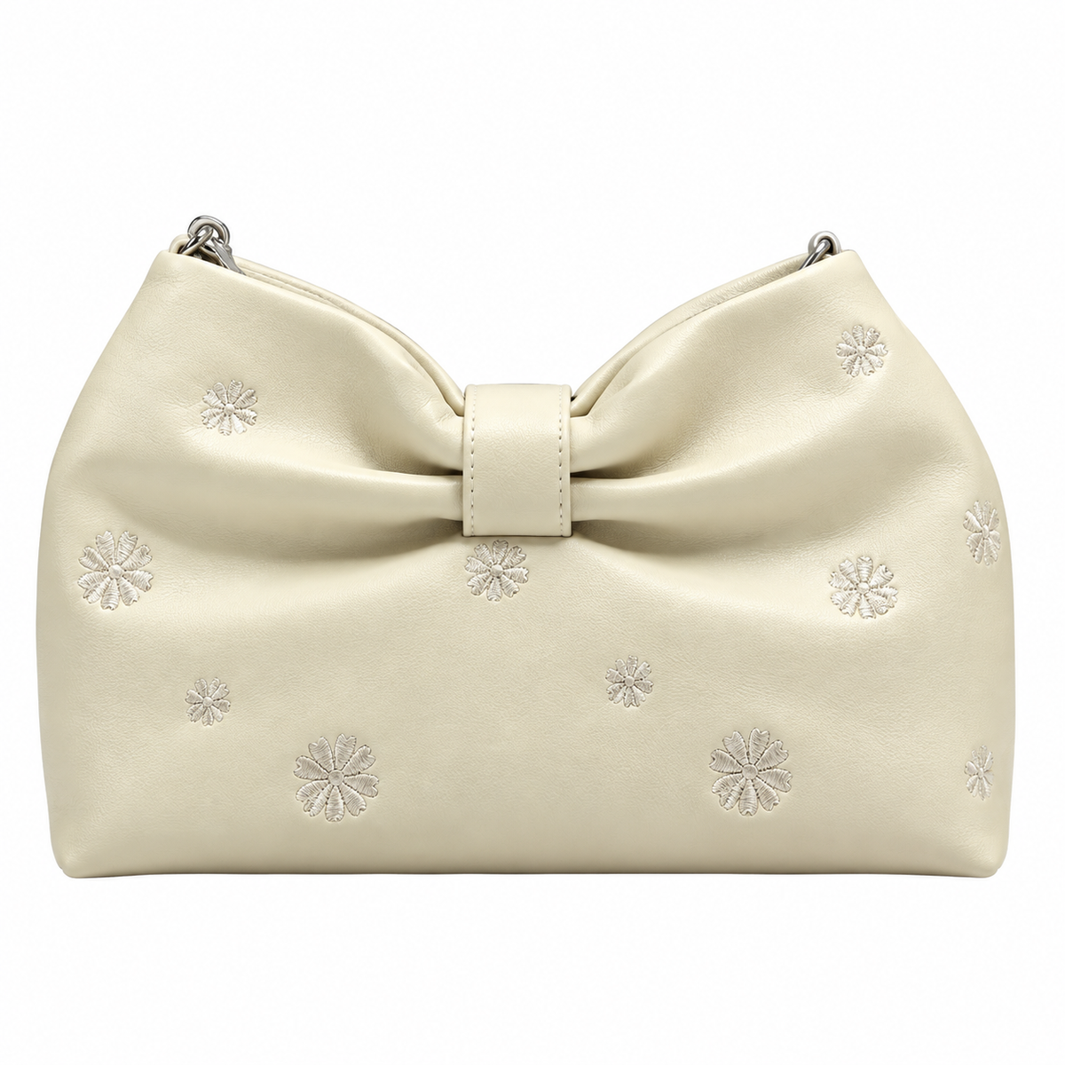 Dior Bow Bag in Ivory Lambskin with Floral Embroidery and Silver Chain