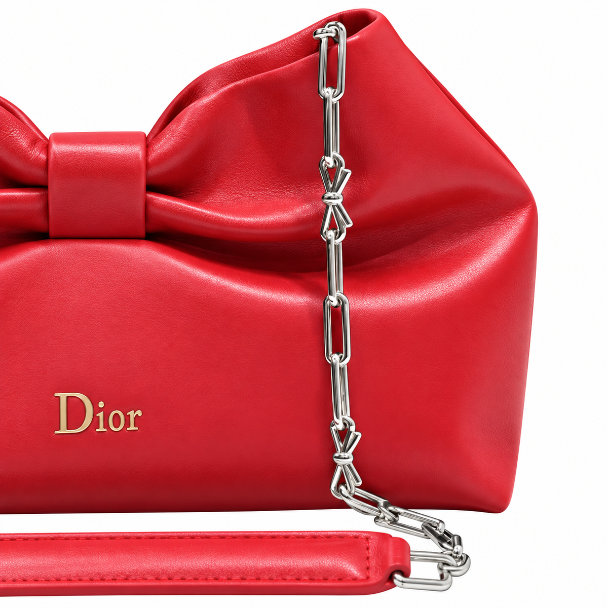 Dior Bow Bag in Rouge Red Lambskin Leather with Silver Chain Strap