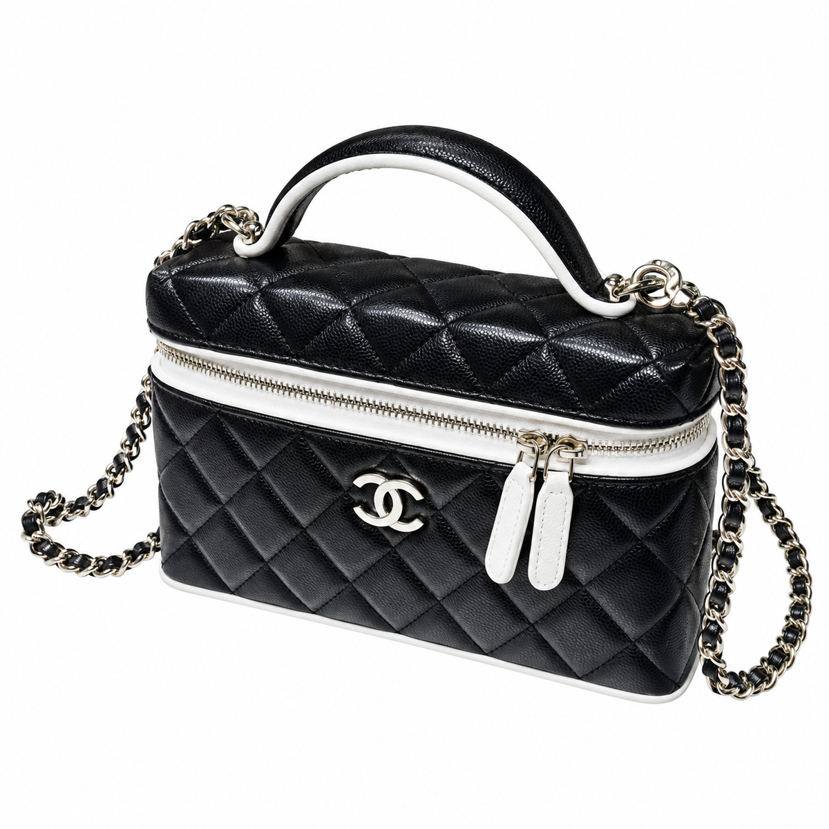 Chanel Black White Quilted Vanity Case with Chain