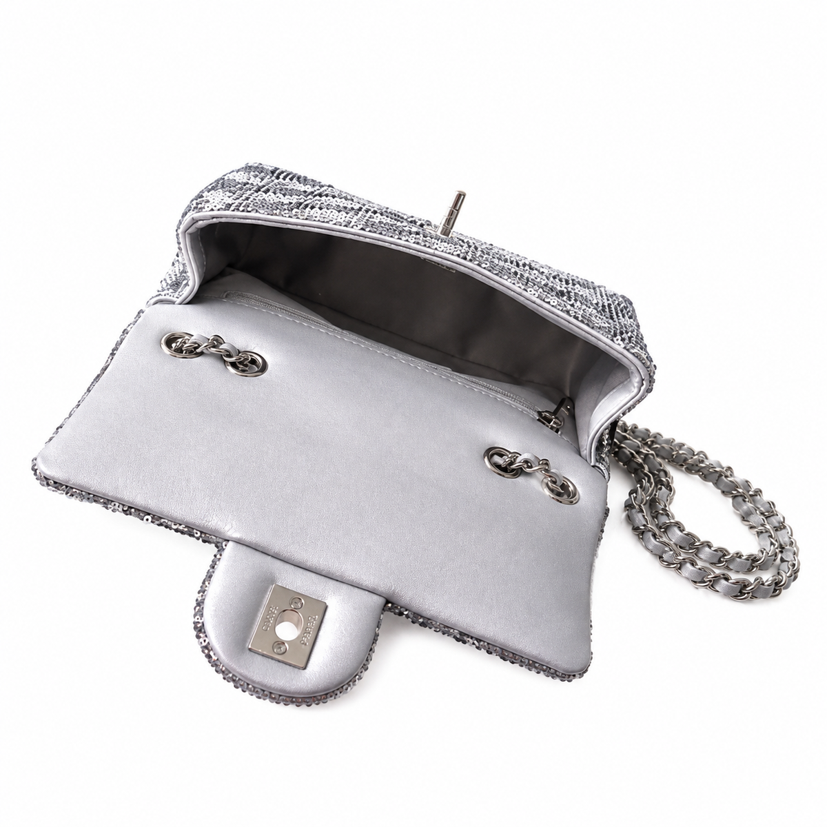 Chanel Silver Labyrinth Sequin Classic Flap Bag with Silver Chain