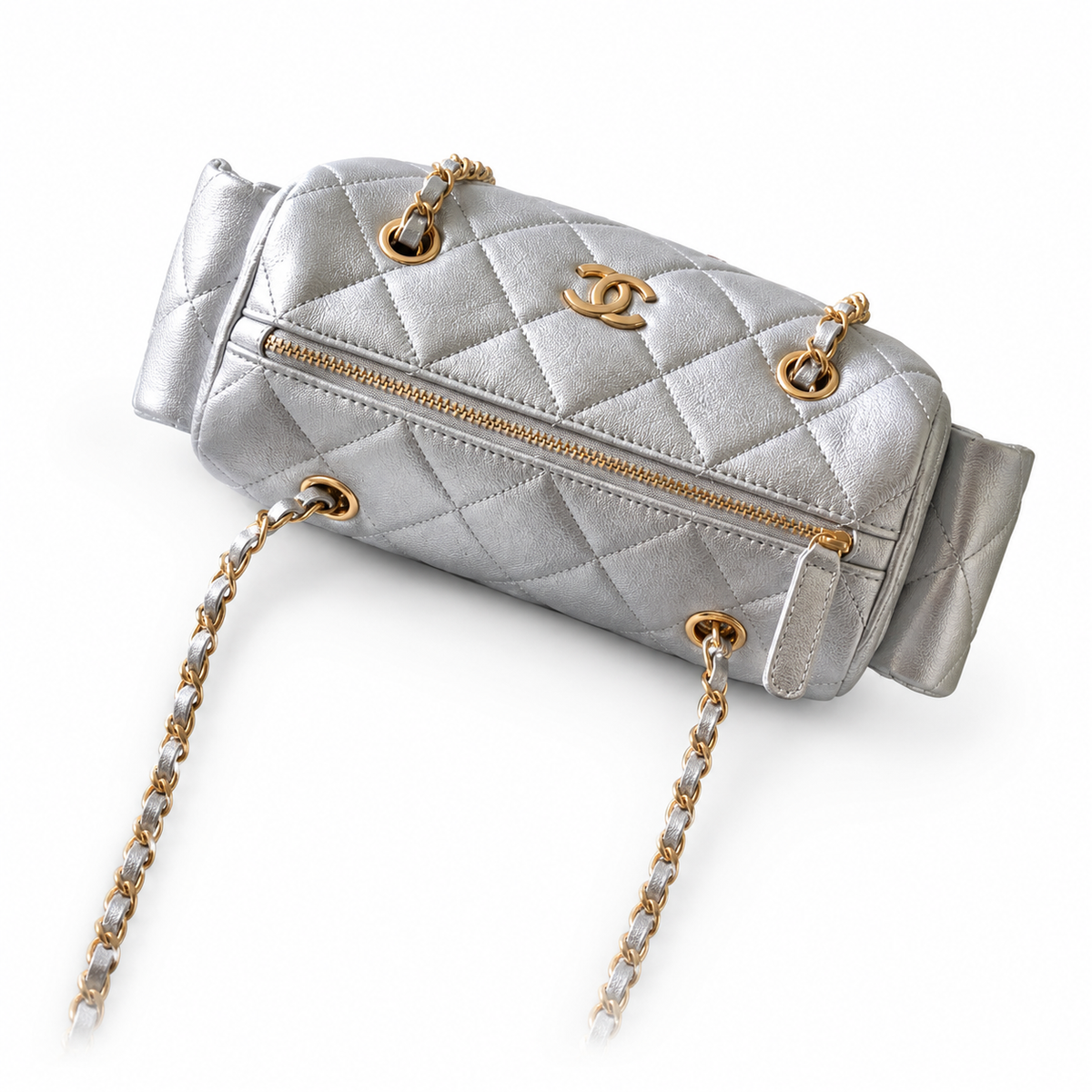 Chanel Quilted Silver Metallic Camera Bag with Gold CC Logo