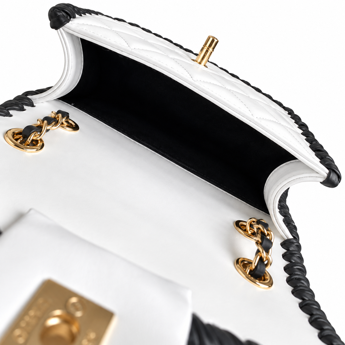Chanel White Quilted Flap Bag with Black Braided Edge