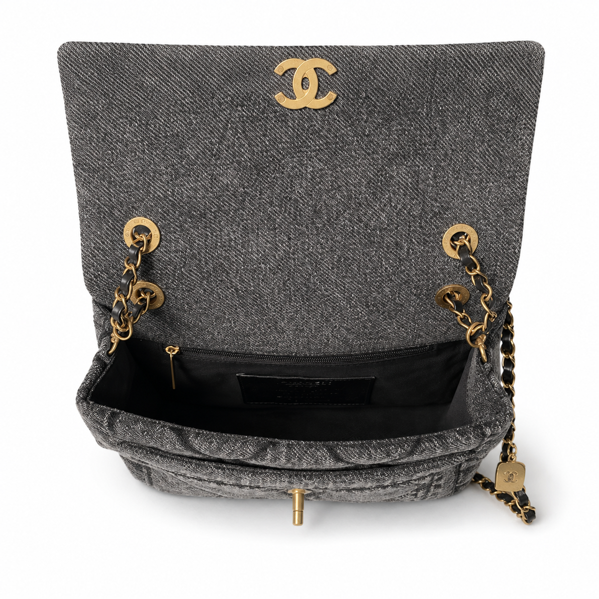 Chanel Quilted Charcoal Denim Flap Bag with Gold CC Lock and Charm