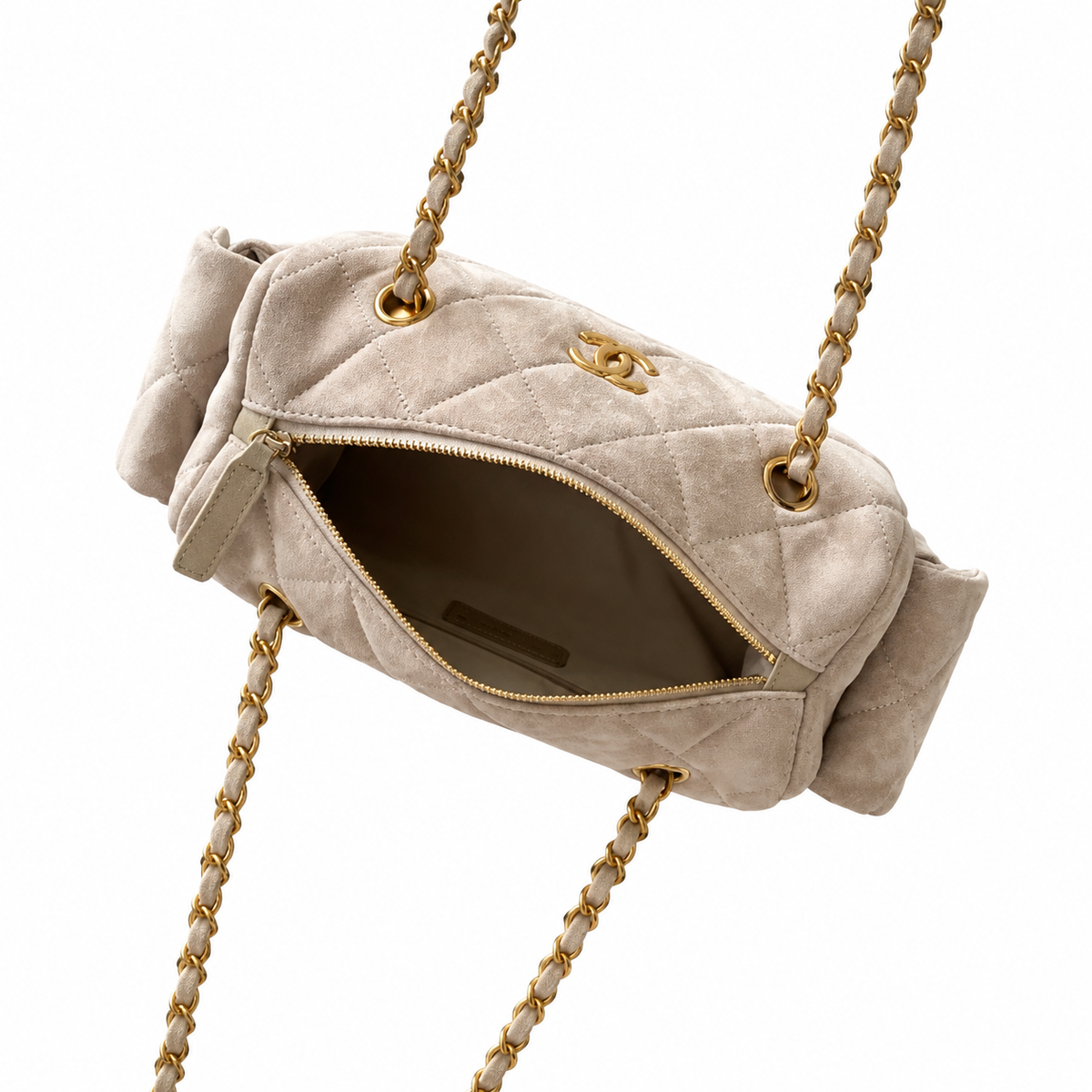 Chanel Quilted Off-White Suede Camera Bag with Gold CC Logo