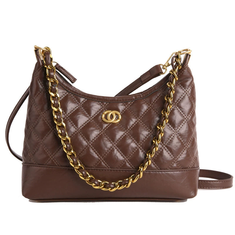 Brown Quilted Chain Hobo Bag