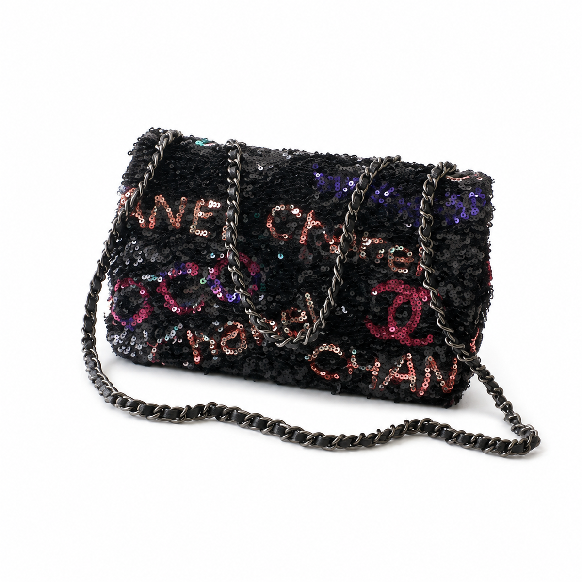 Chanel Classic Flap Bag in Black Sequin with Pink Graffiti Logo