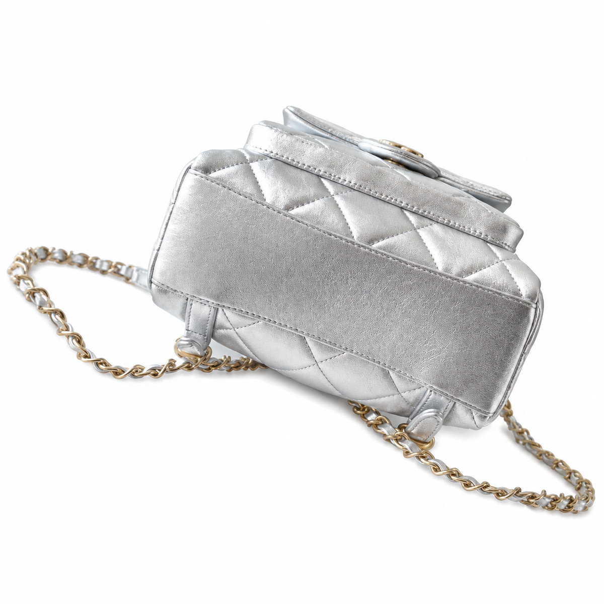 Chanel Quilted Mini Backpack in Silver Metallic Lambskin with Gold Chain