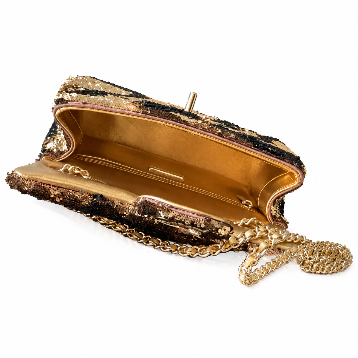 Chanel Classic Flap Bag in Black and Gold Striped Sequin with Gold Chain