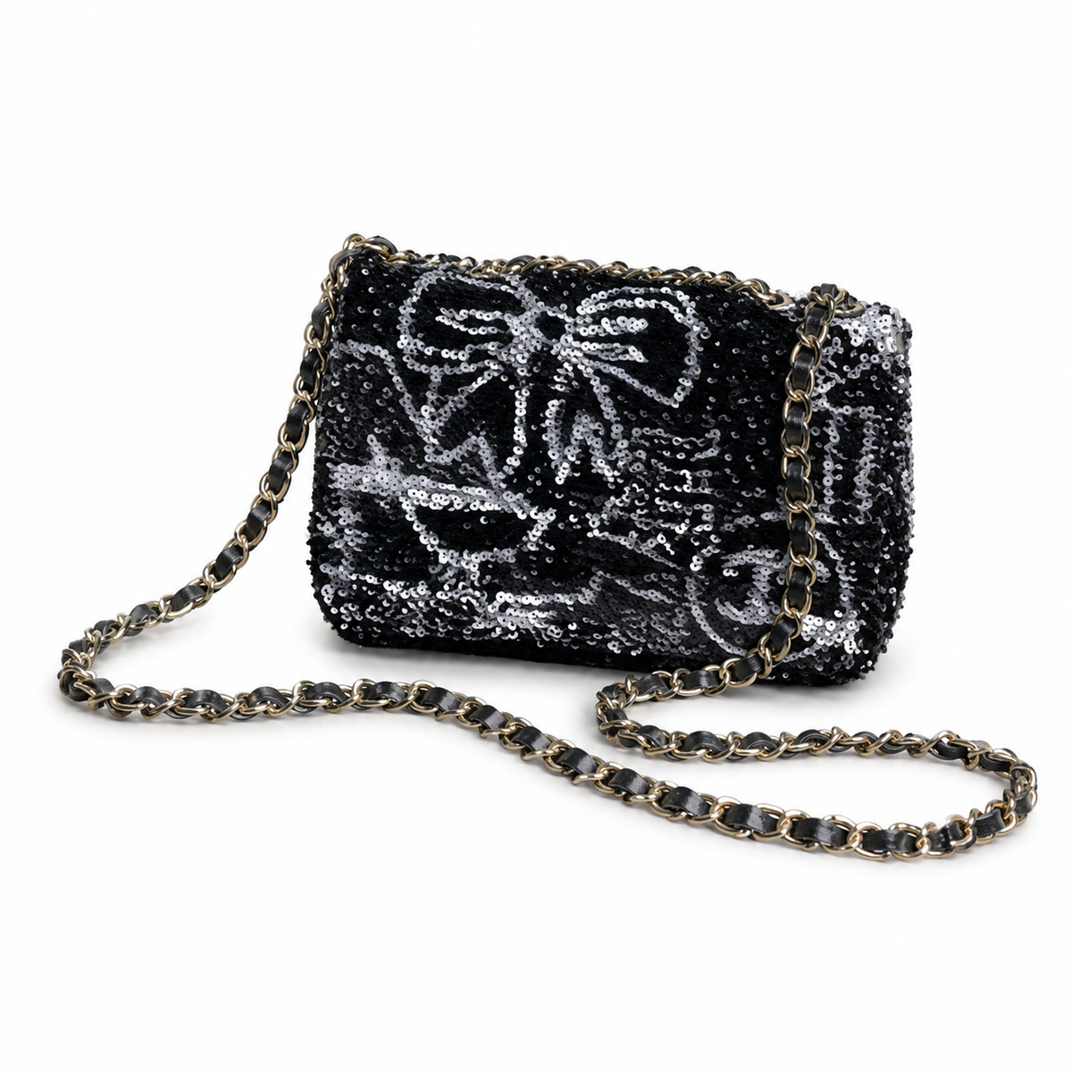 Chanel Silver Bow Sequin Classic Flap Bag with Silver Chain