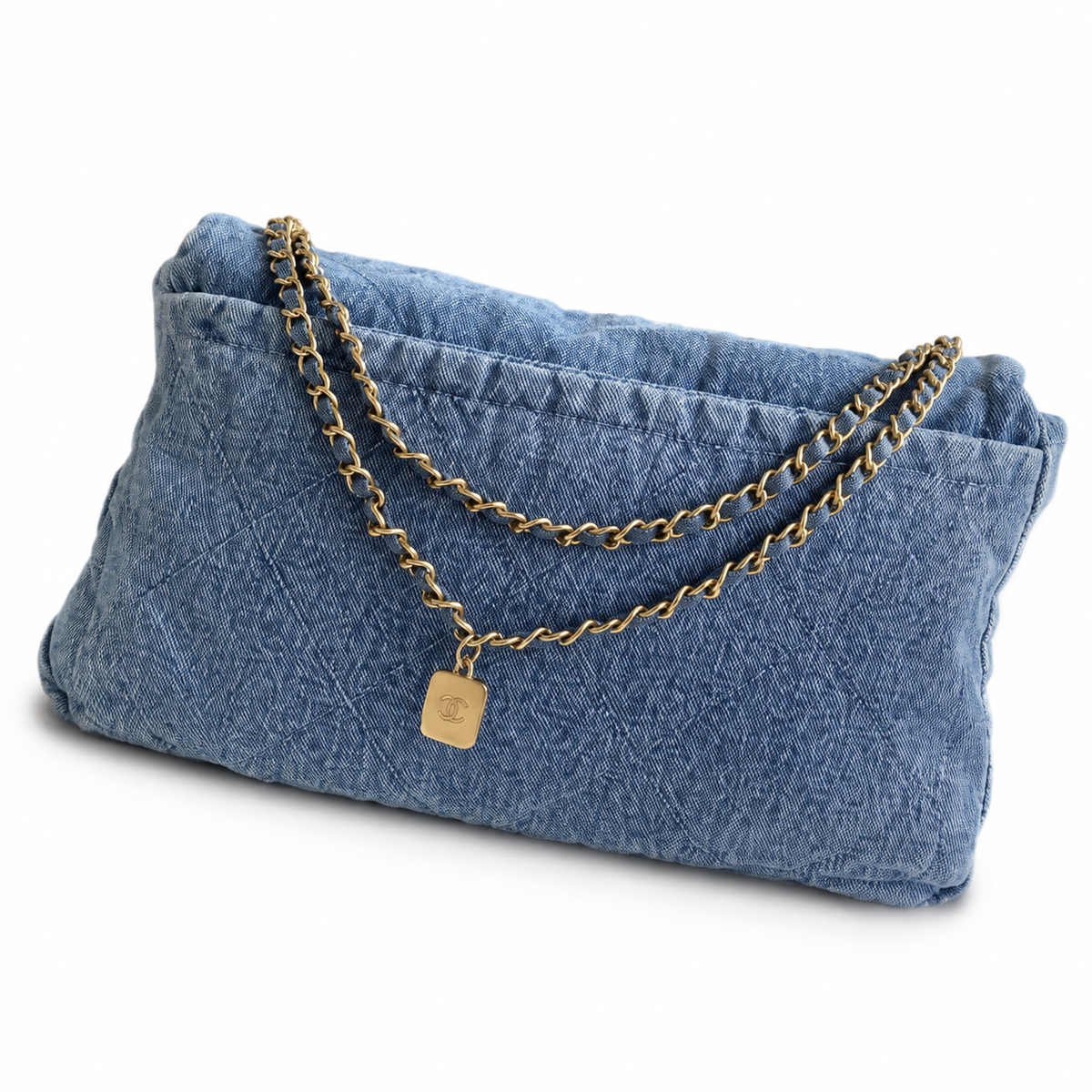 Chanel Quilted Denim Chain Tote Bag in Light Blue with Gold CC Charm