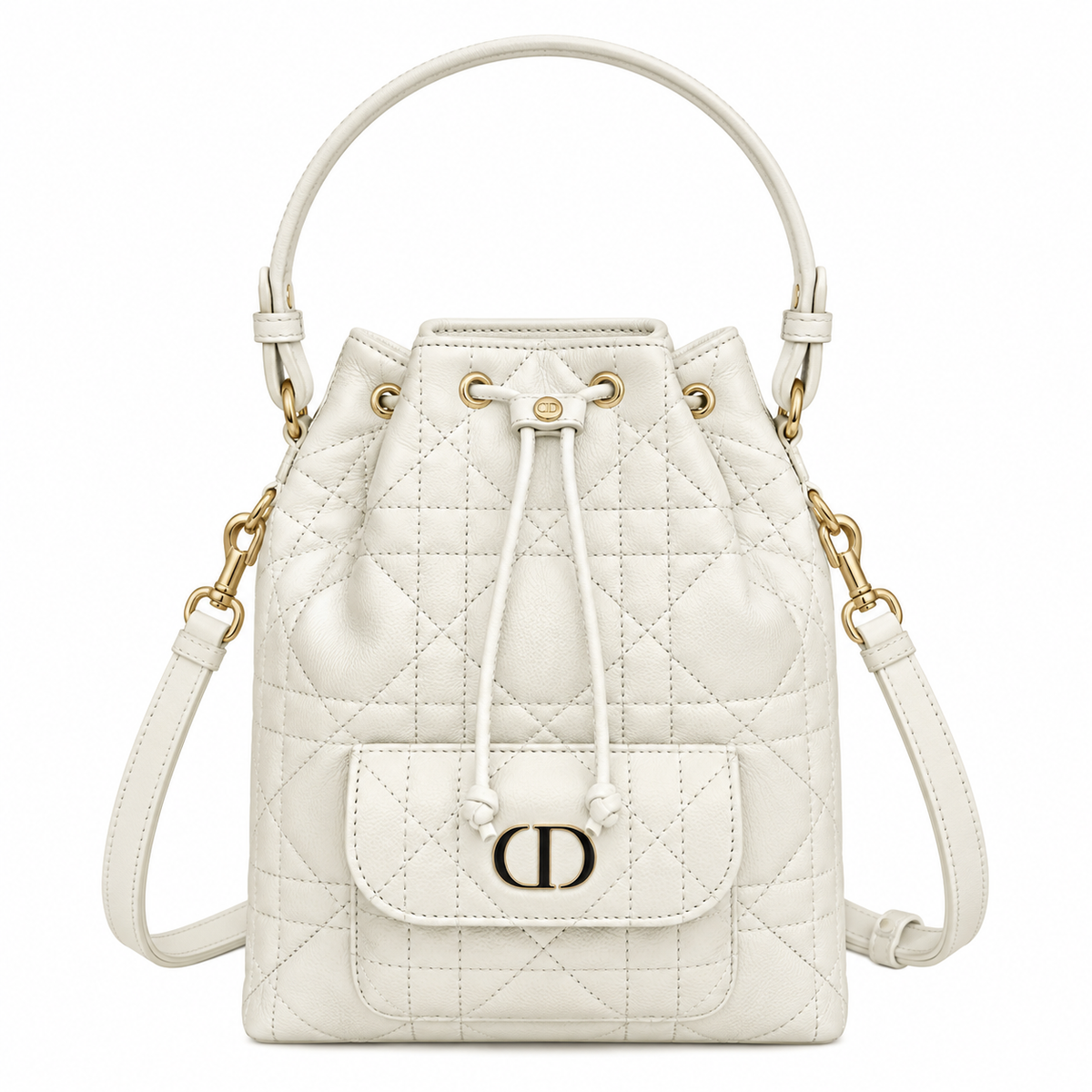 Dior Caro Bucket Bag in White Cannage Leather with CD Clasp