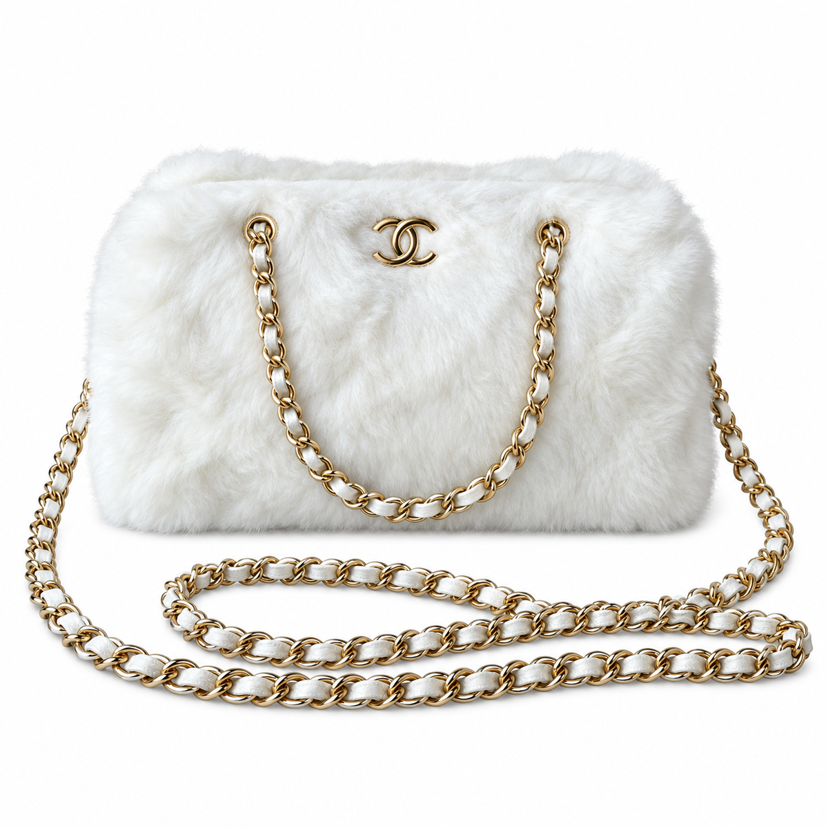 Chanel White Faux Fur CC Shoulder Bag with Chain