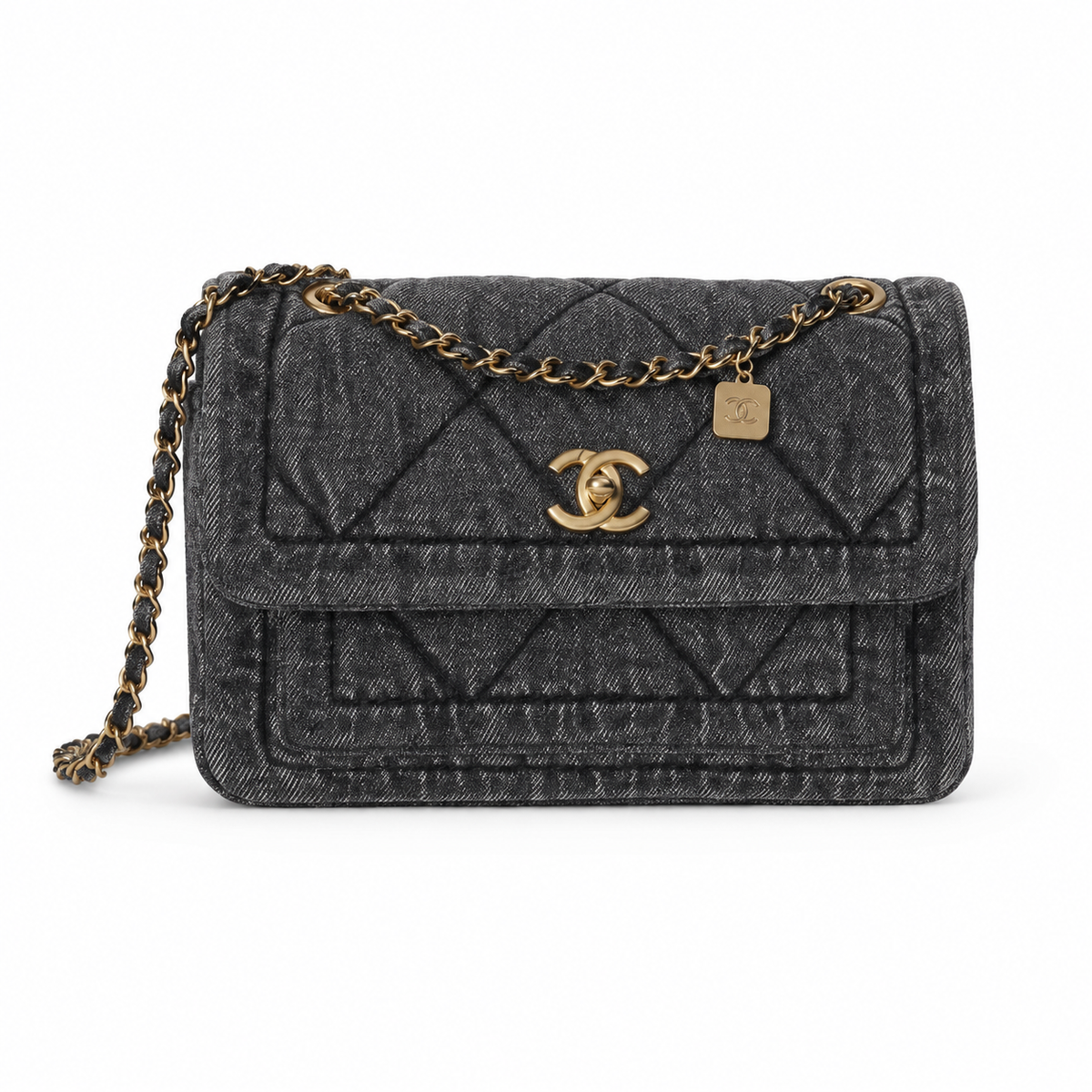 Chanel Quilted Charcoal Denim Flap Bag with Gold CC Lock and Charm