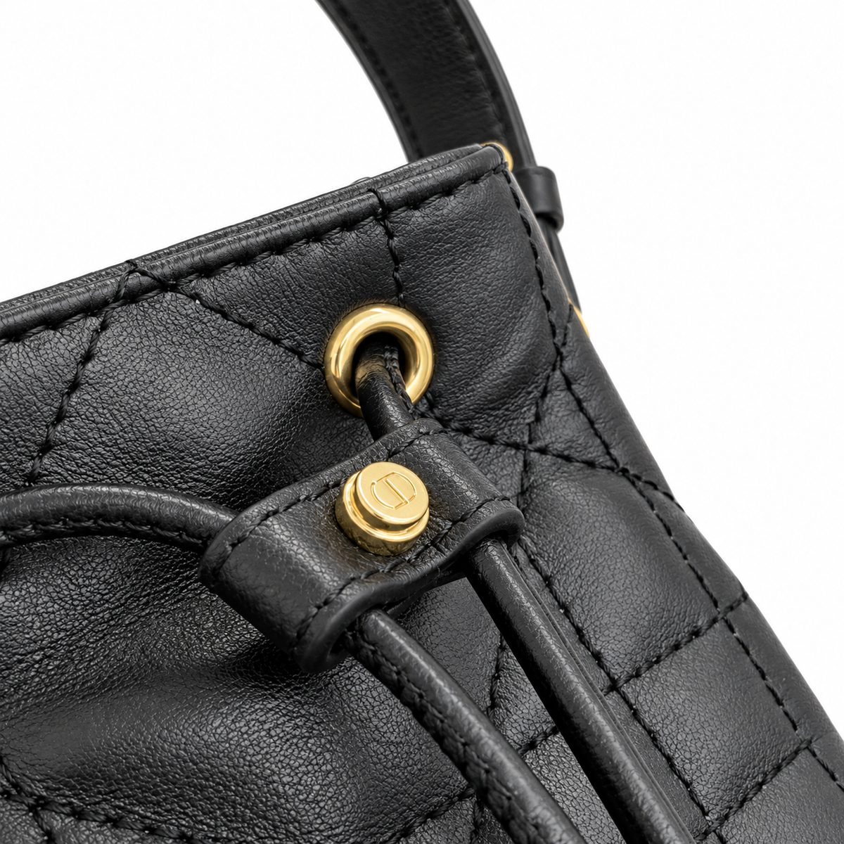 Dior Caro Bucket Bag in Black Cannage Leather with Gold CD Clasp
