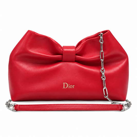 Dior Bow Bag in Rouge Red Lambskin Leather with Silver Chain Strap