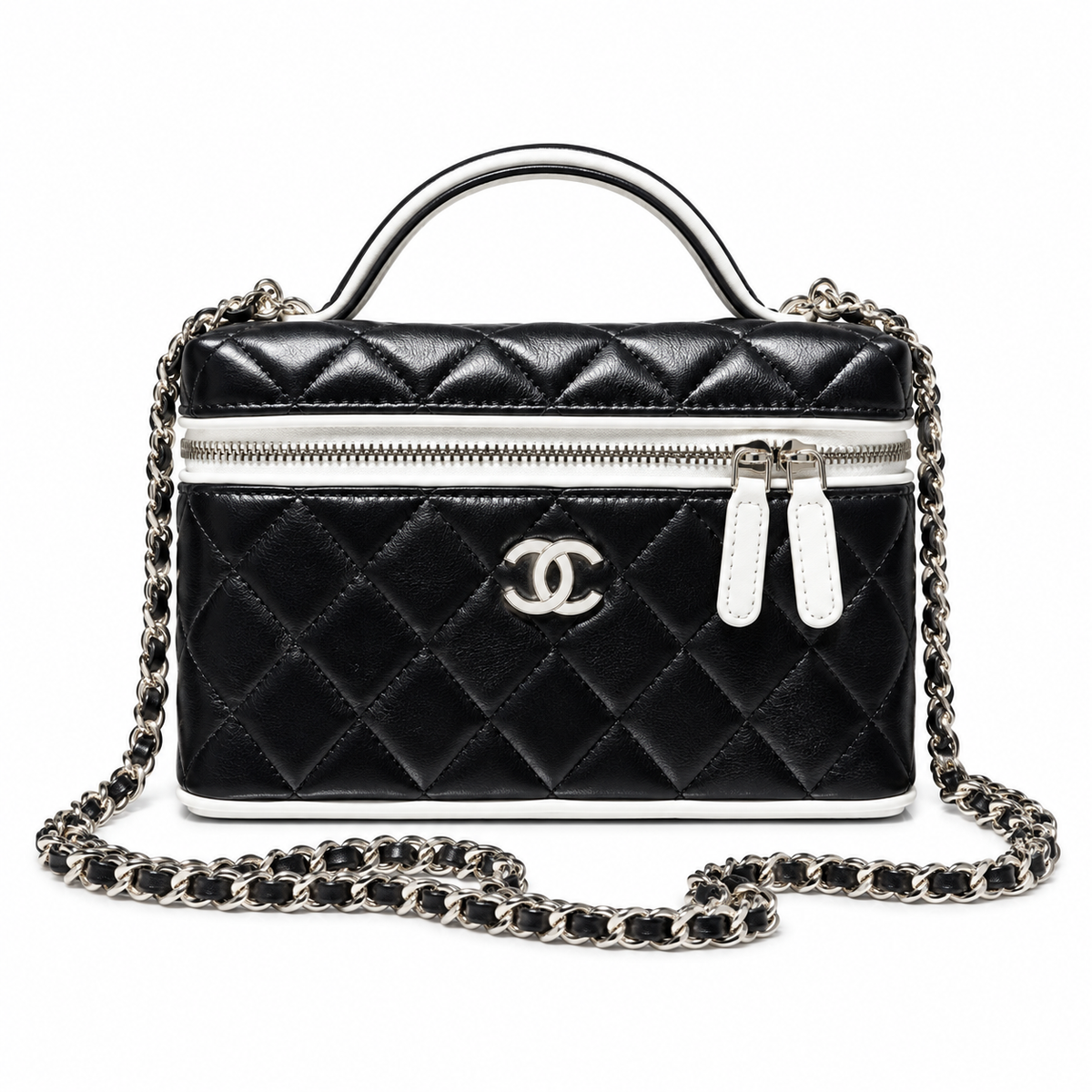 Chanel Black White Quilted Vanity Case with Chain