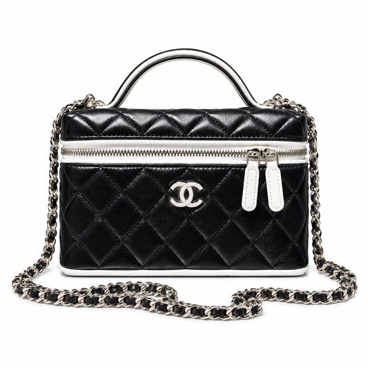 Chanel Black White Quilted Vanity Case with Chain