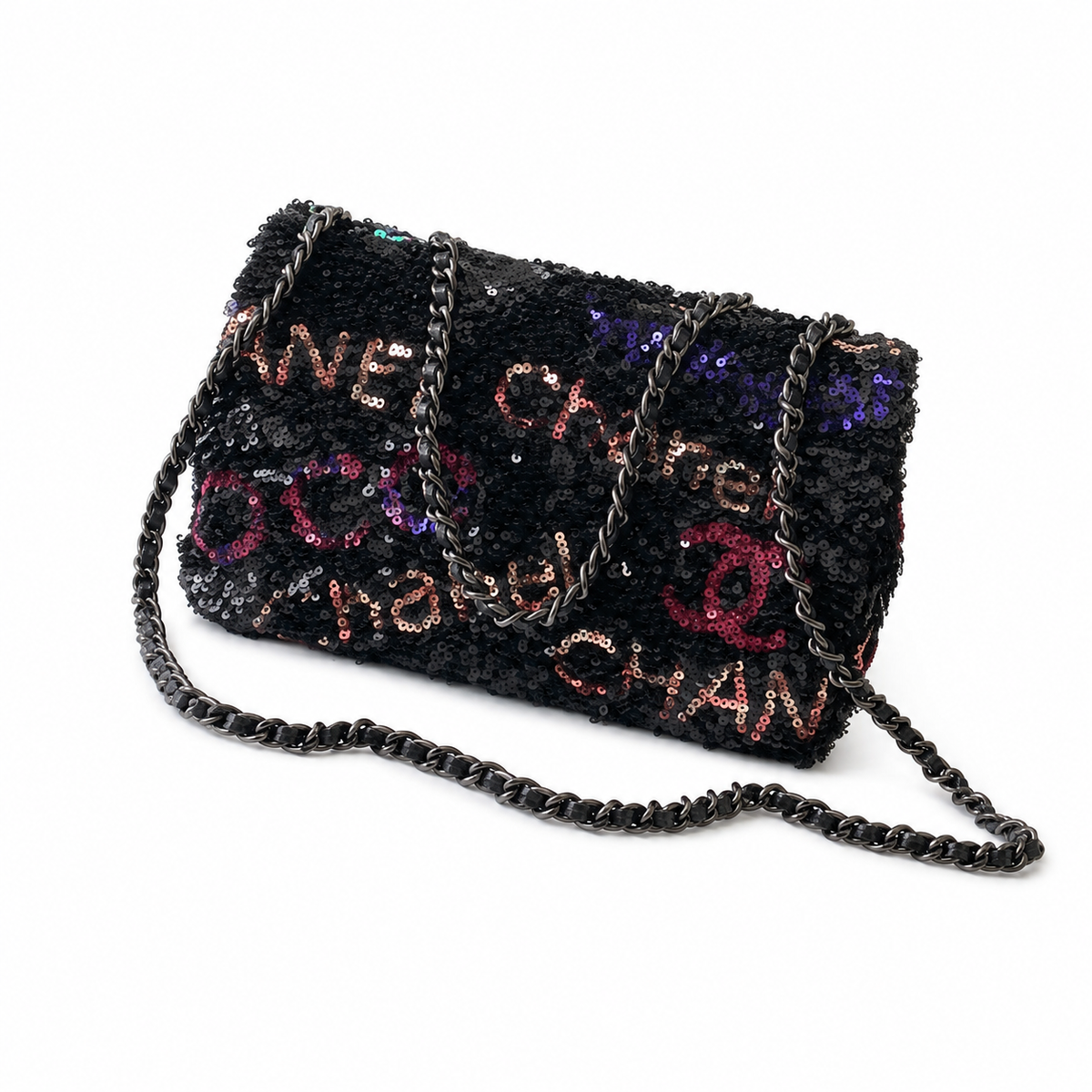 Chanel Graffiti Logo Sequin Classic Flap Bag with Gunmetal Chain