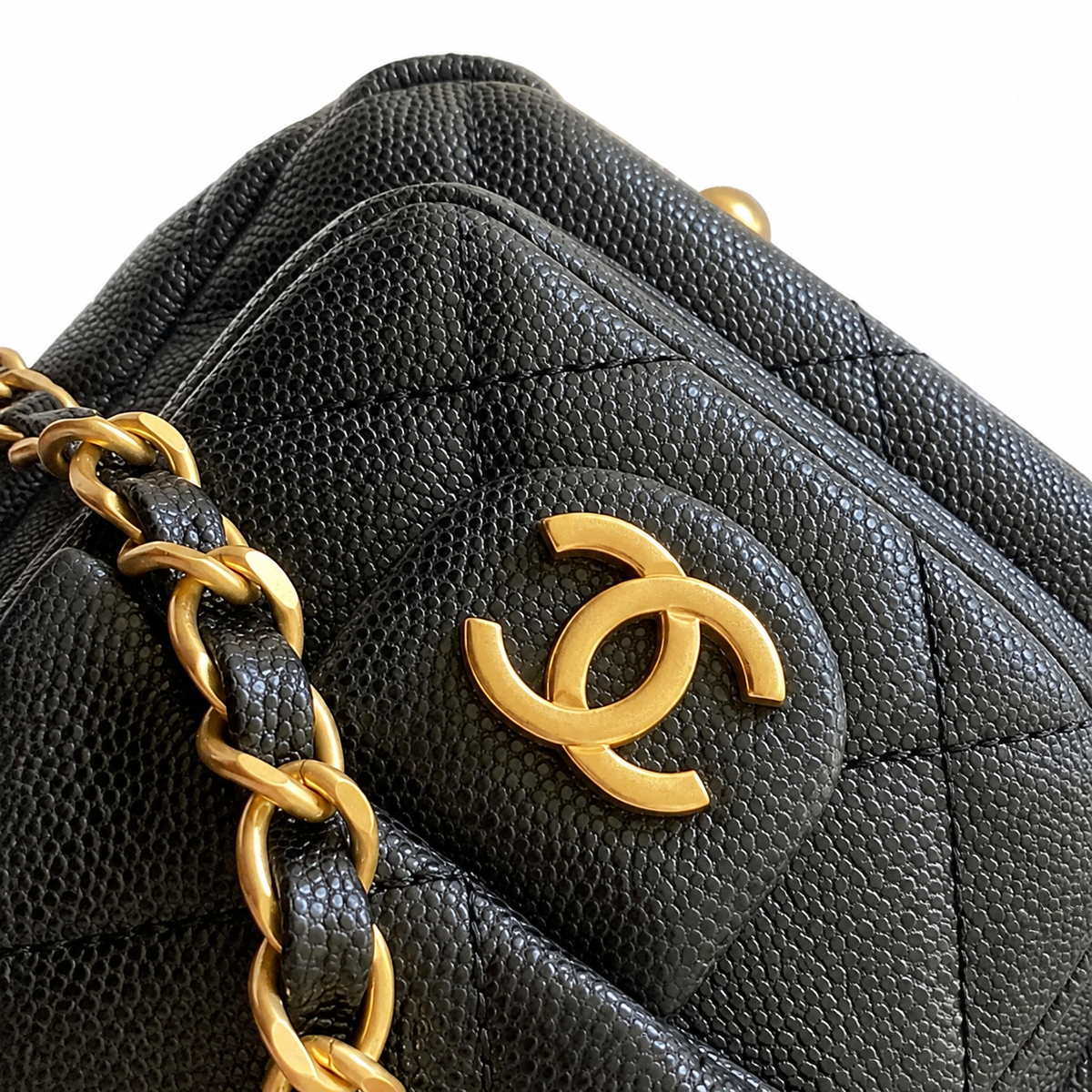 Chanel Quilted Black Caviar Leather Shoulder Bag with Gold CC Logo