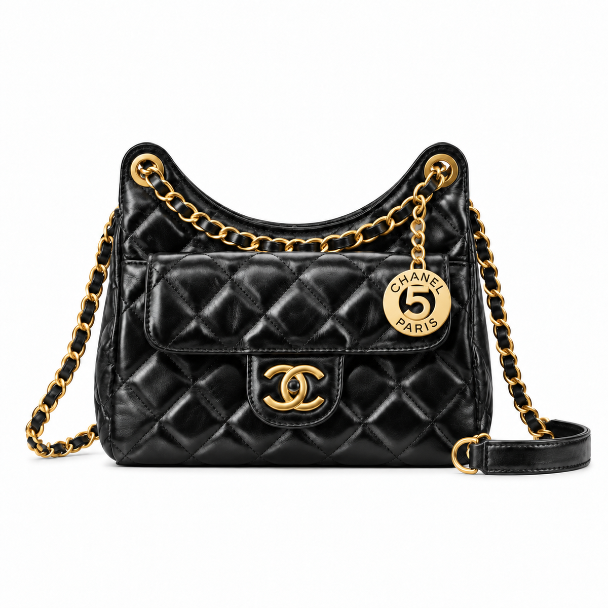 Chanel Black Quilted Lambskin No.5 Hobo Bag with Chain