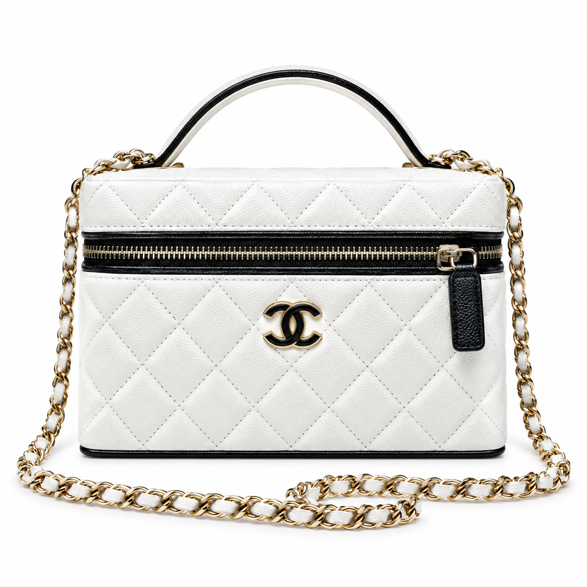 Chanel White Black Quilted Vanity Case with Chain