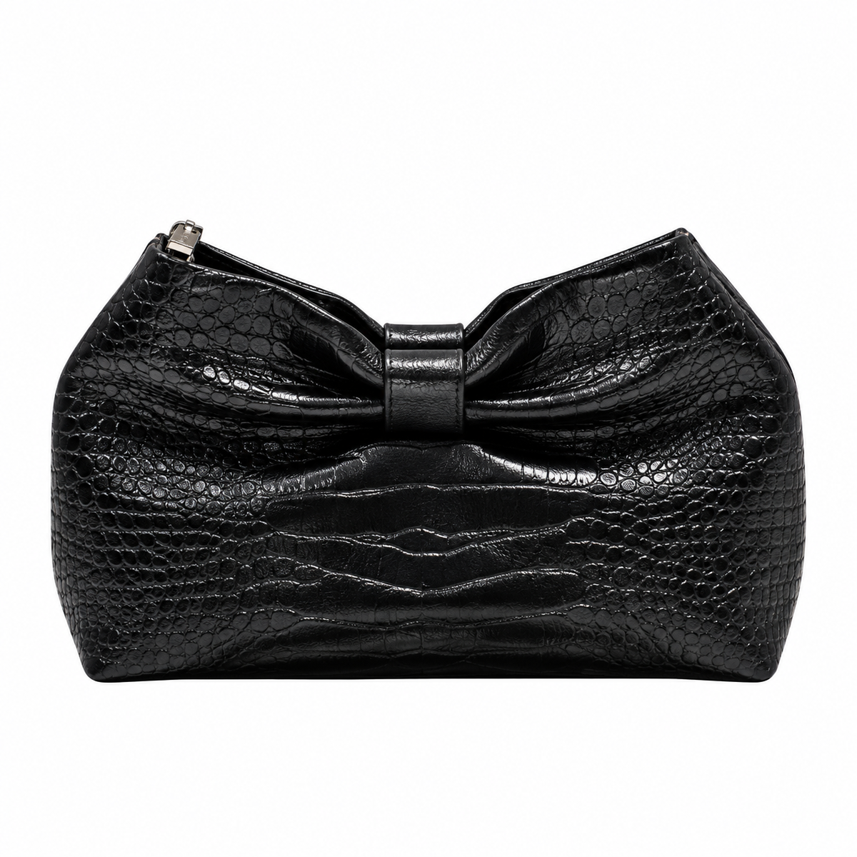 Dior Bow Clutch in Black Crocodile-Embossed Leather with Silver Zip