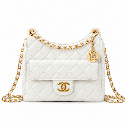 Chanel White Quilted Lambskin No.5 Hobo Bag with Chain