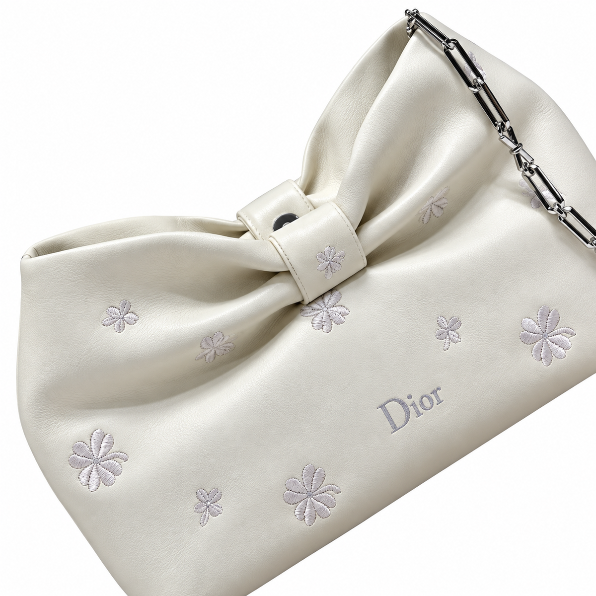 Dior Bow Bag in Ivory Lambskin with Floral Embroidery and Silver Chain