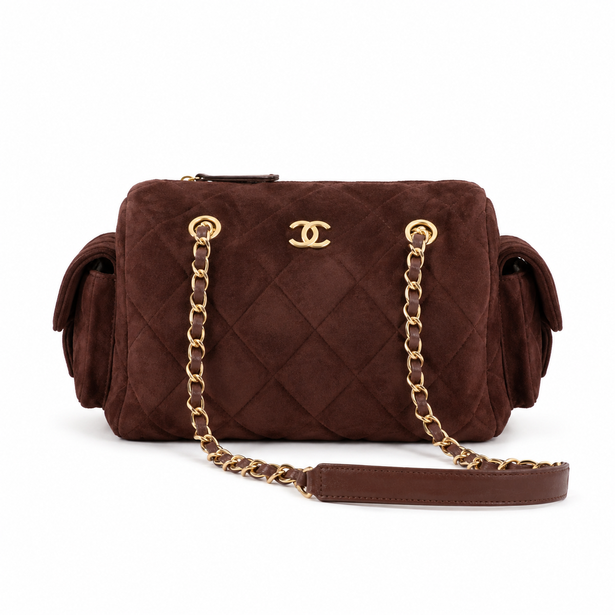 Chanel Quilted Dark Brown Suede Camera Bag with Gold CC Logo