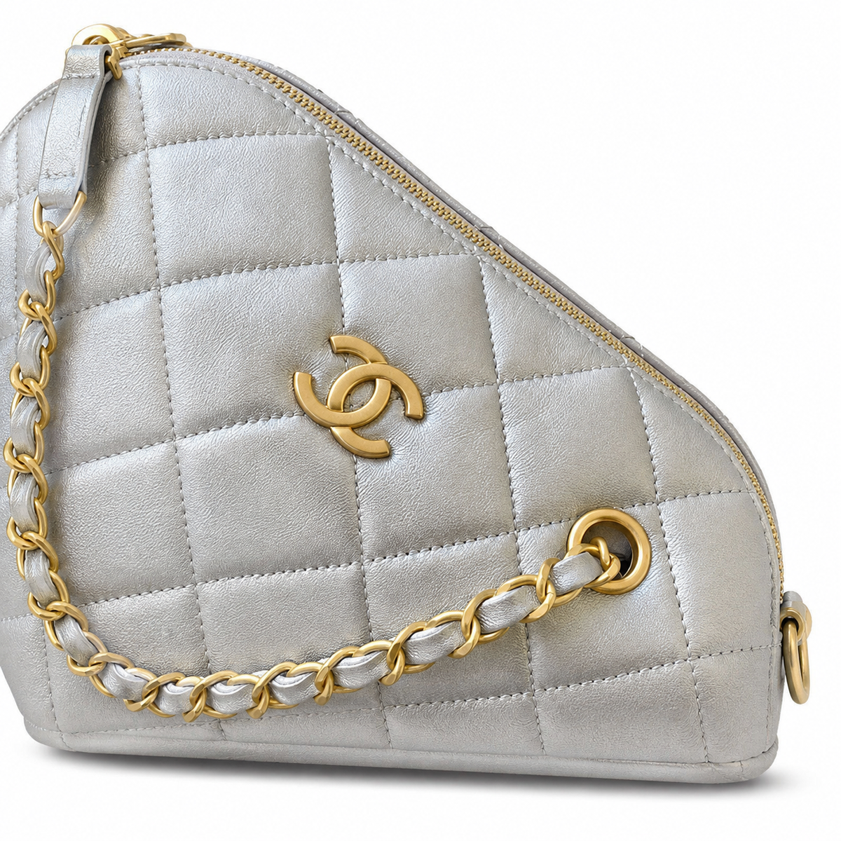 Chanel Quilted Silver Metallic Camera Bag with Gold CC Logo
