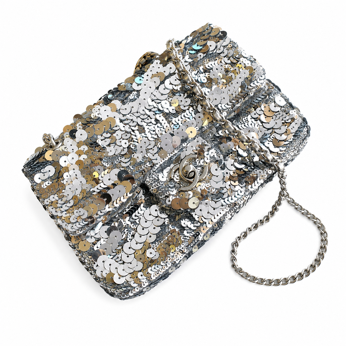 Chanel Classic Flap Bag in Silver and Gold Mixed Sequin with Silver Chain