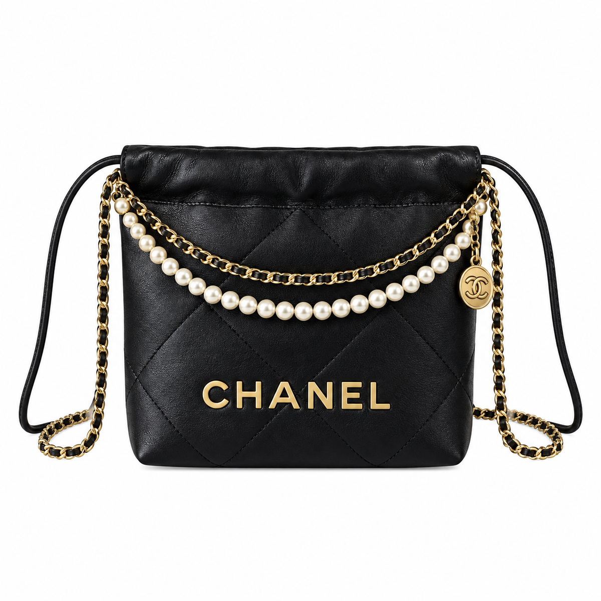Chanel Black Quilted 22 Mini Bag with Pearl Chain