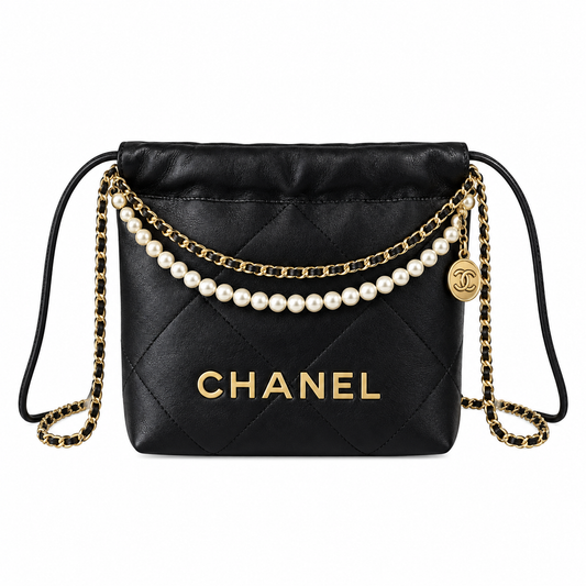 Chanel Black Quilted 22 Mini Bag with Pearl Chain