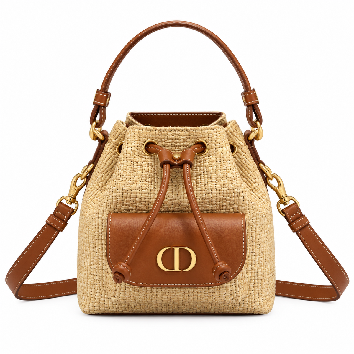 Dior Raffia Woven CD Logo Drawstring Bucket Bag