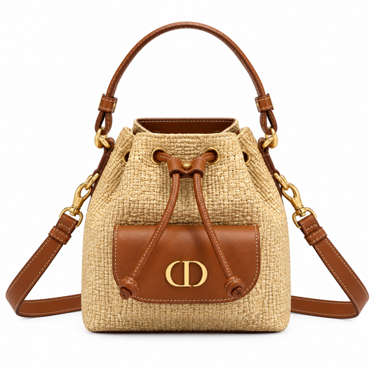 Dior Raffia Woven CD Logo Drawstring Bucket Bag