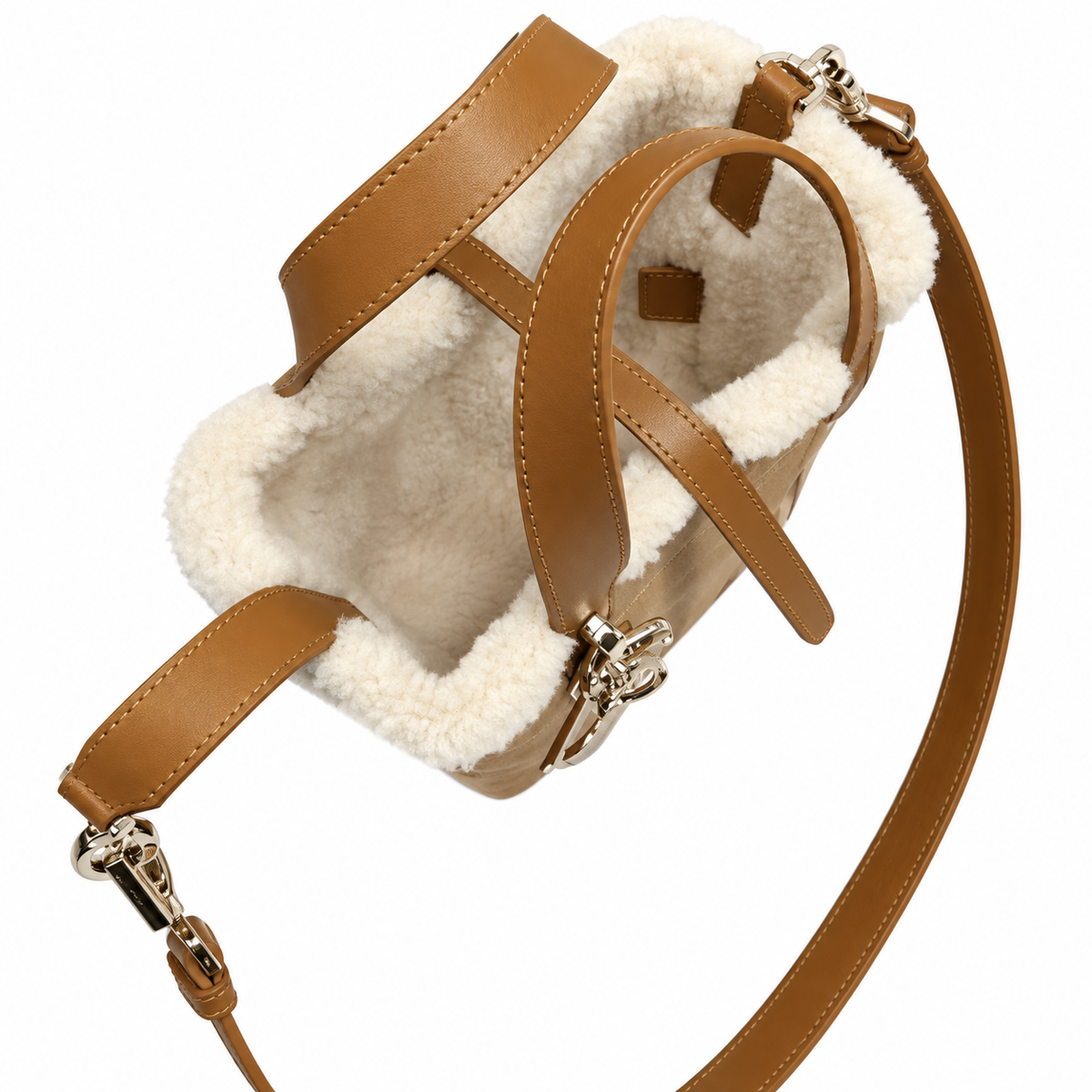 Dior Toujours Mini Bag in White Shearling with Camel Leather Trim