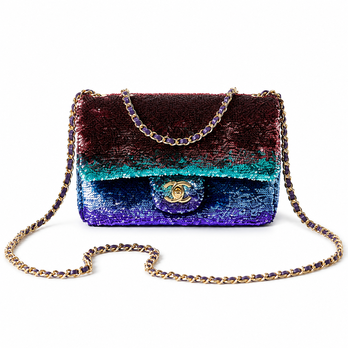 Chanel Classic Flap Bag in Rainbow Ombre Sequin with Gold CC Lock