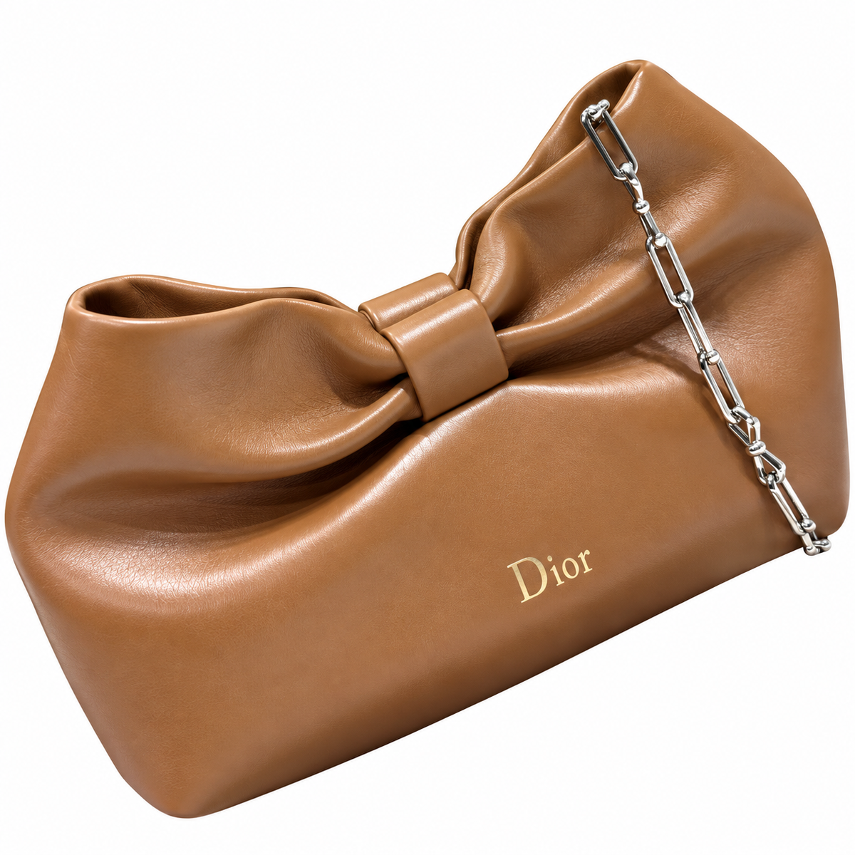 Dior Bow Bag in Caramel Lambskin Leather with Silver Chain Strap