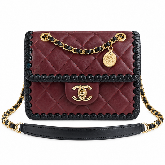 Chanel Burgundy Quilted Flap Bag with Black Braided Edge
