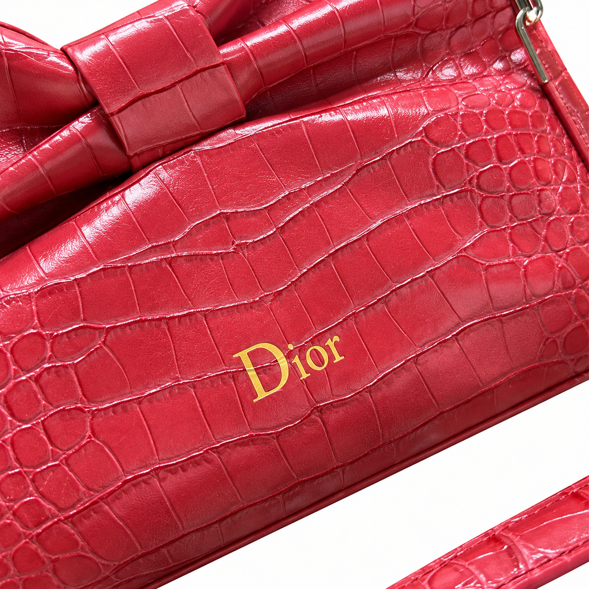 Dior Bow Bag in Rose Red Crocodile-Embossed Leather with Gold Dior Logo