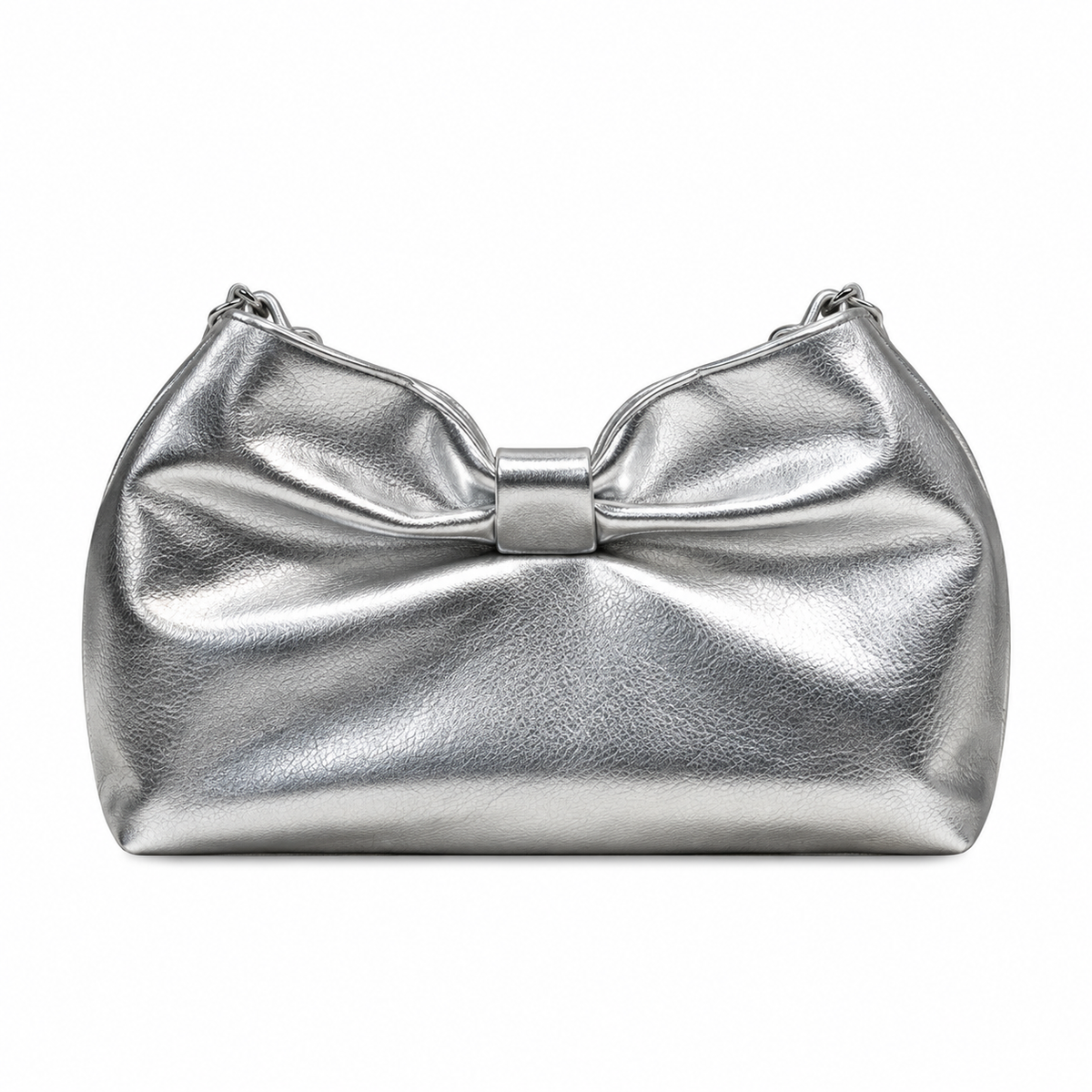 Dior Bow Bag in Silver Metallic Leather with Silver Chain Strap