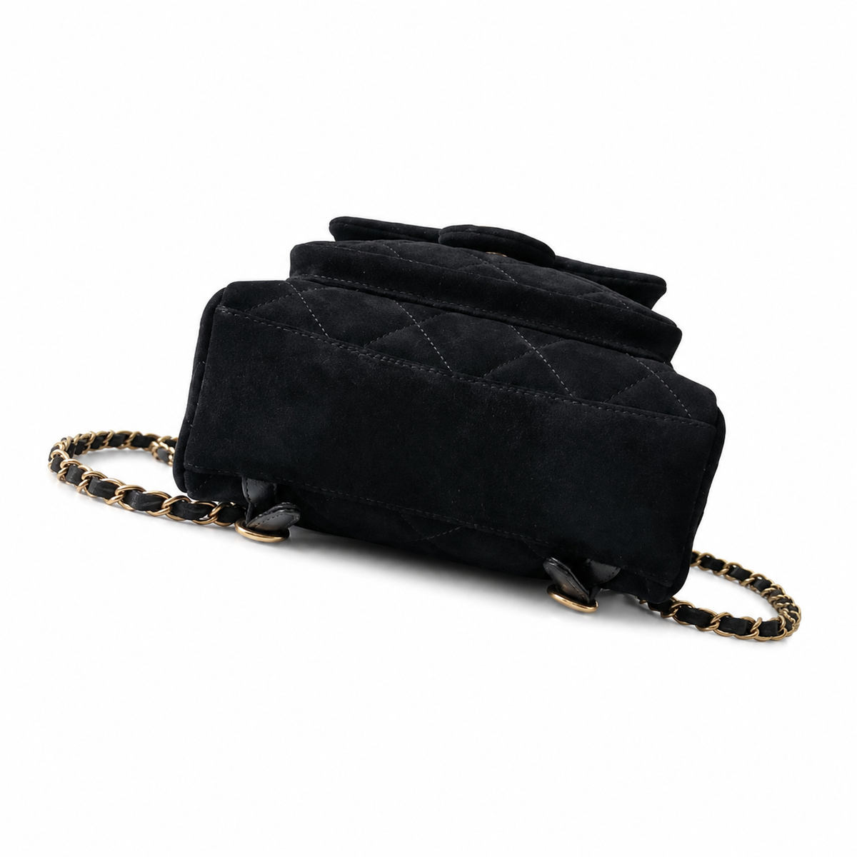 Chanel Quilted Mini Backpack in Black Suede with Antique Gold Chain