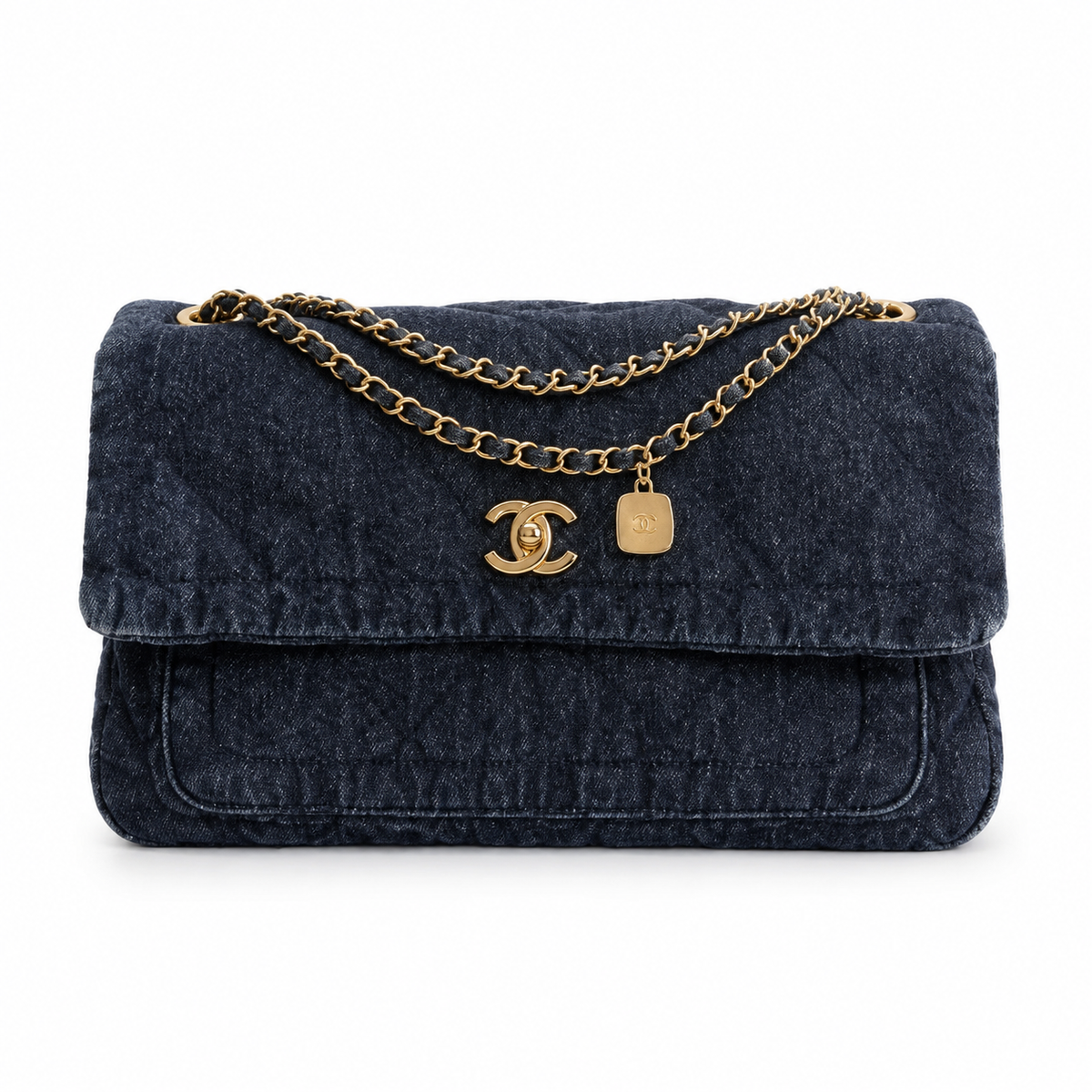 Chanel Quilted Navy Denim Flap Bag with Gold CC Lock and Charm