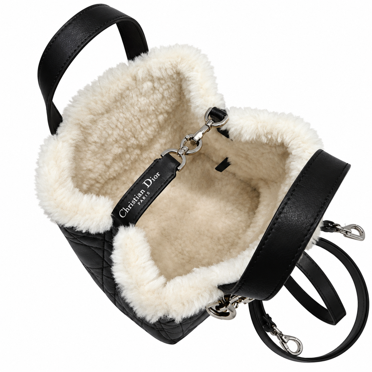 Dior Toujours Bag in Black Cannage Leather with Shearling Interior