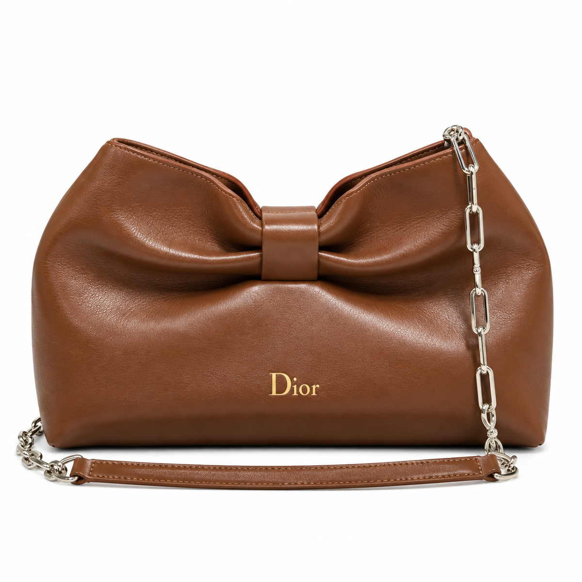 Dior Bow Bag in Tan Matte Lambskin with Dual Silver Chain Straps
