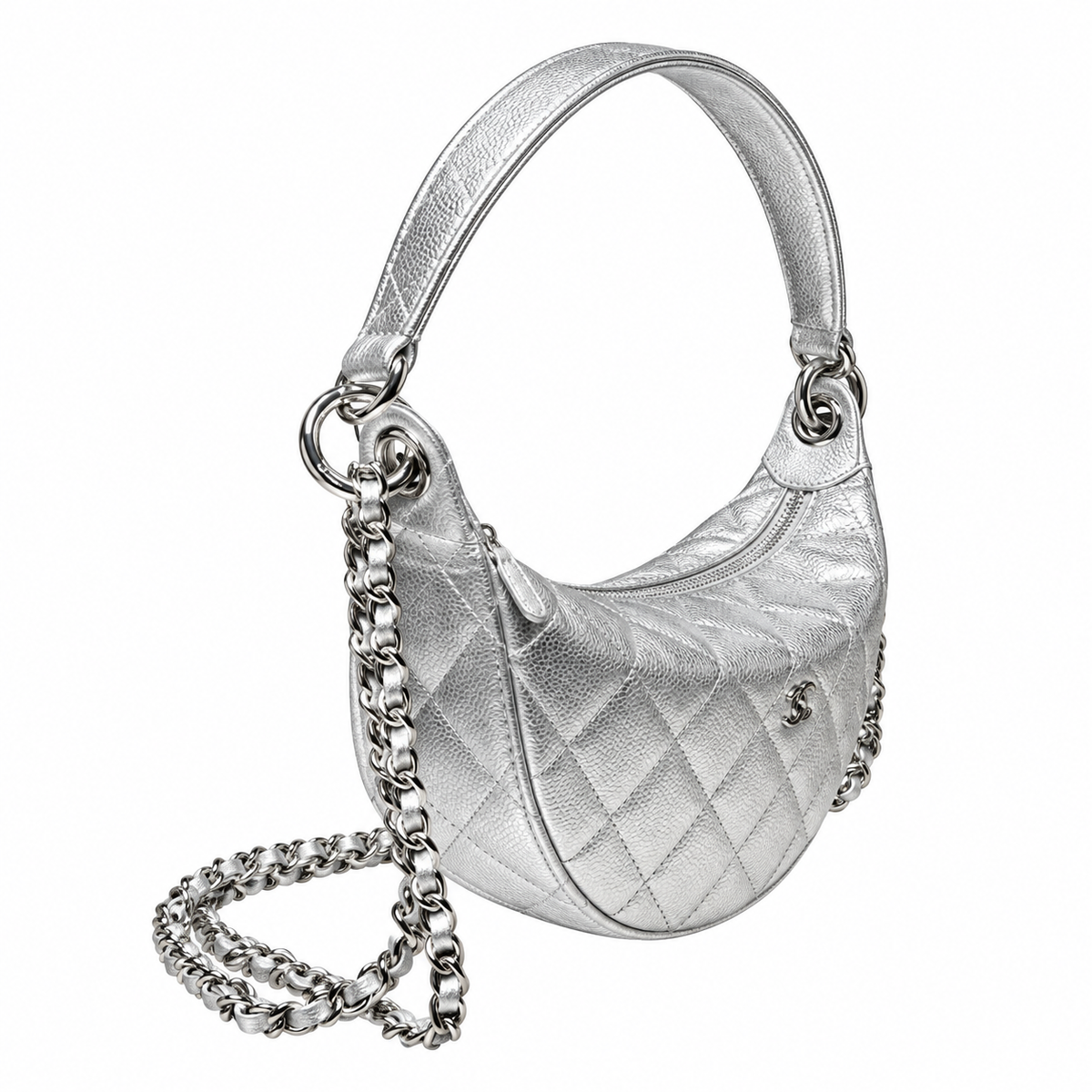 Chanel Silver Metallic Quilted Half Moon Bag with Chain